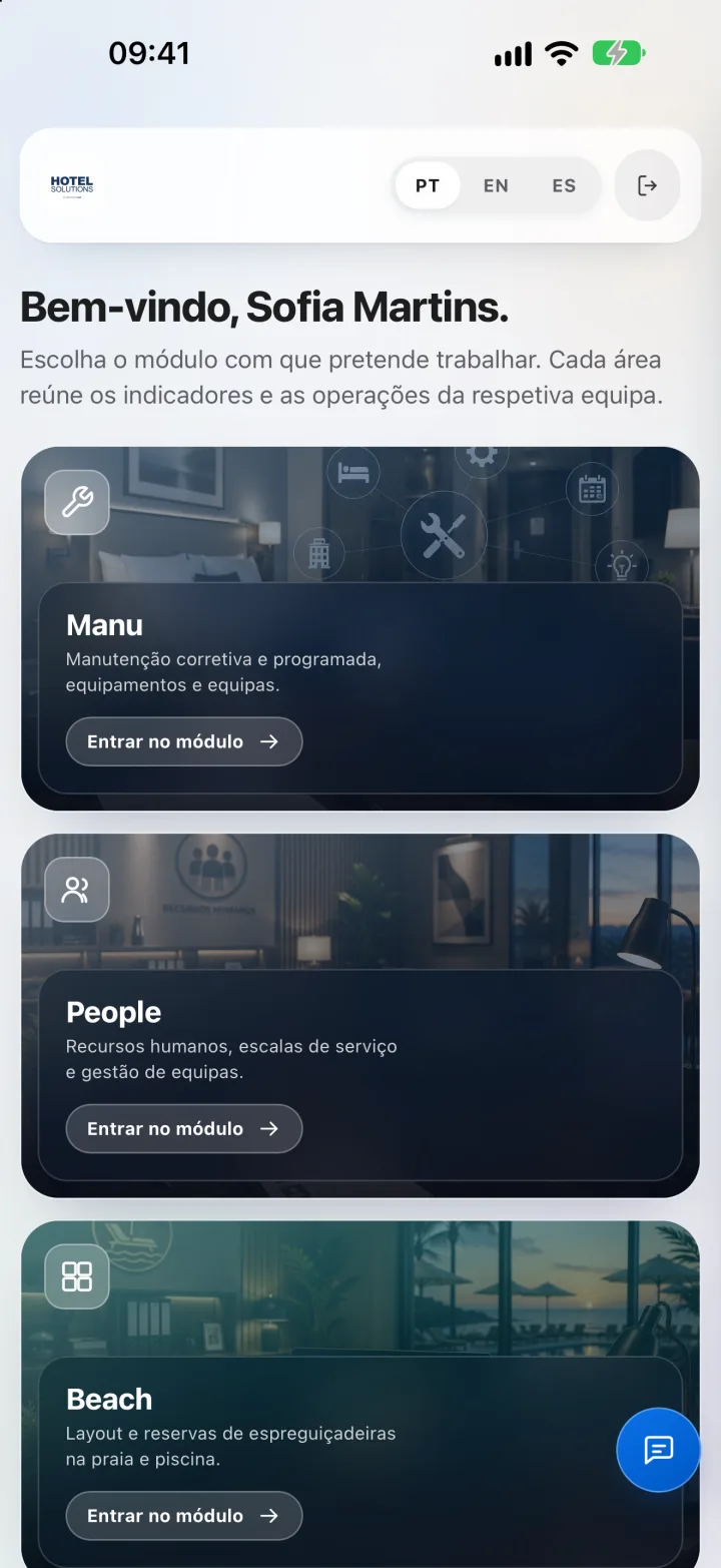 Ecrã inicial da app, com os módulos Manu, People e Beach